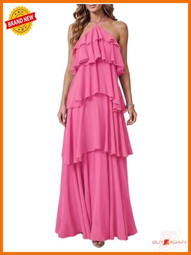 Ruffle Tiered Halter Backless Maxi Dress For Formal Occasions
